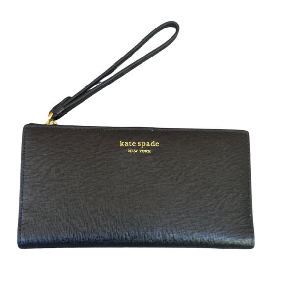 Kate Spade Black Leather Wristlet Wallet With Card Slots & Snap Closure - Picture 1 of 8